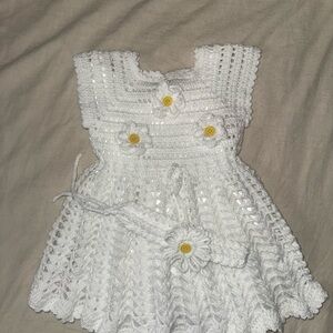 Handmade White Crochet Baby Dress with matching headband!